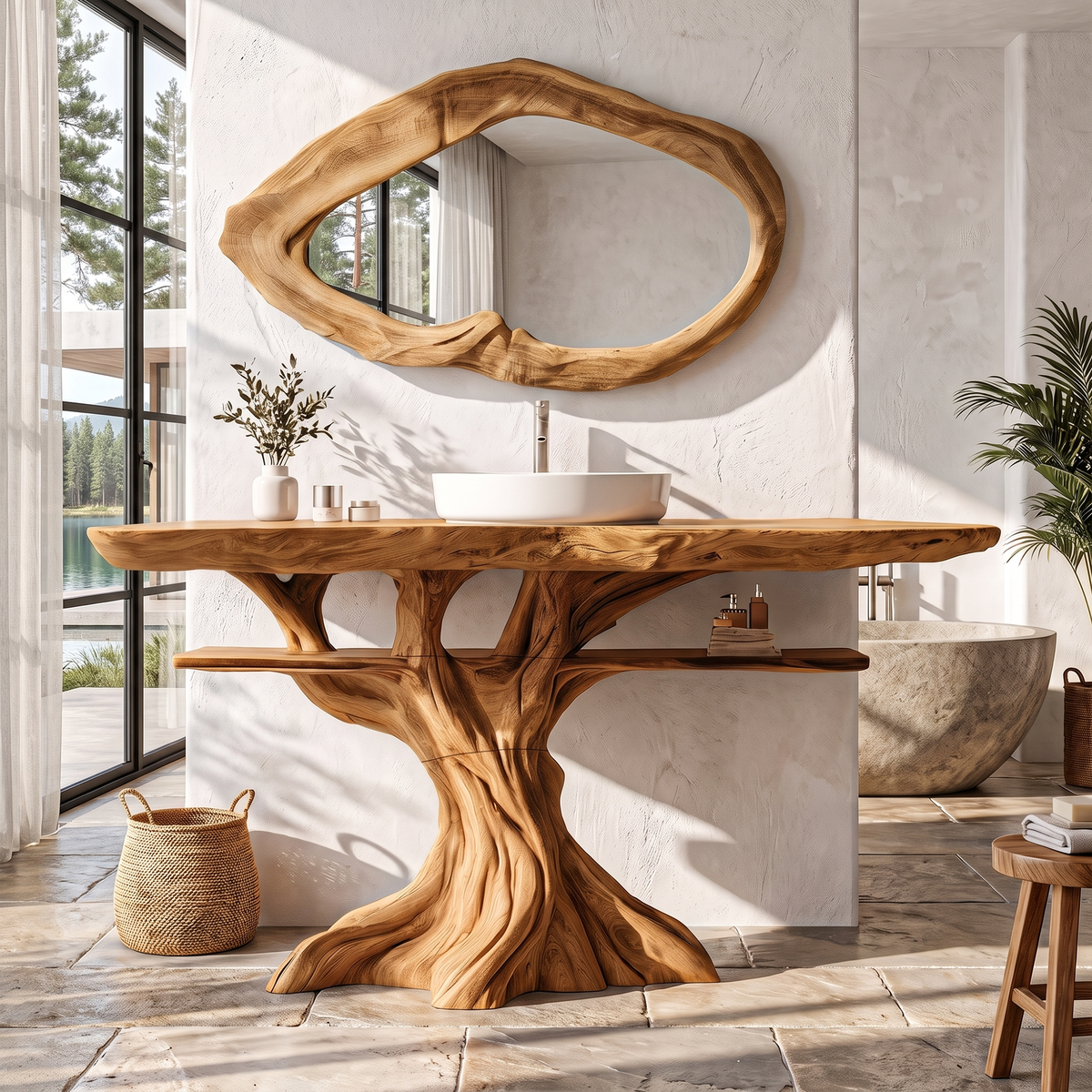 Contemporary Wooden Bathroom Vanity With Tree Inspired Frame For Bathroom
