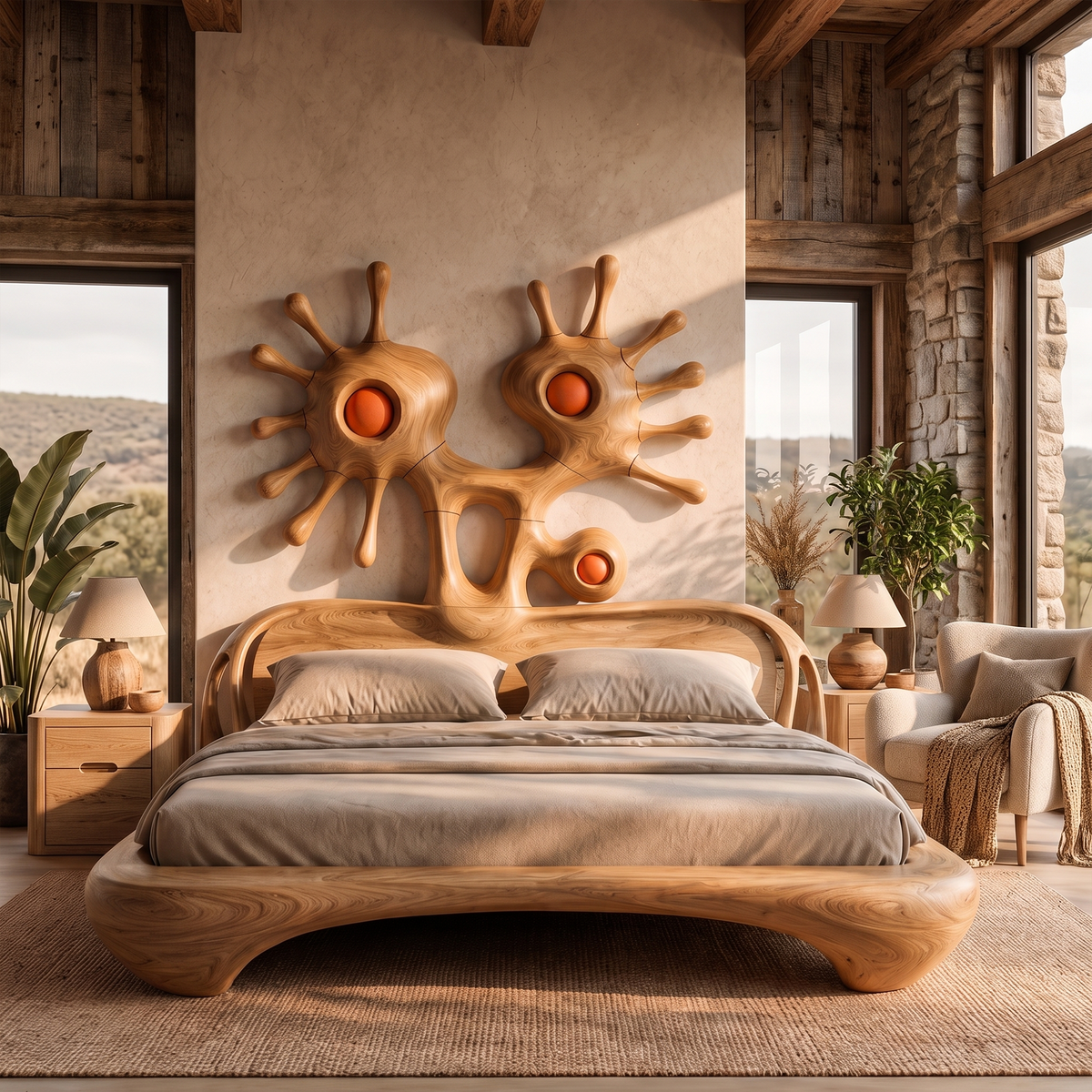 Modern Bed Frame With Sculptural Abstract Headboard For Bedroom