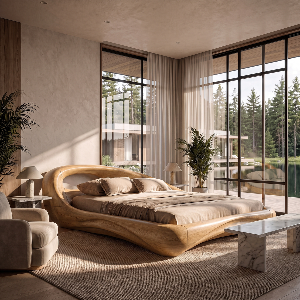 Modern King Bed Frame With Flowing Curved Headboard For Bedroom