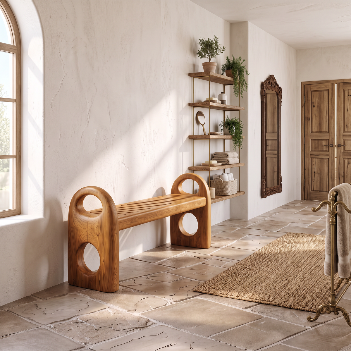 Scandinavian Bathroom Bench With Simple Backless Form For Bathroom