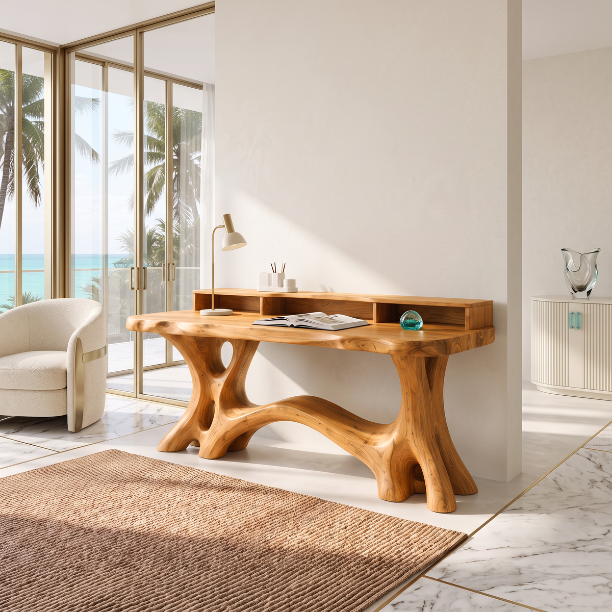 Natural Bookcase Desk With Tree Inspired Upper Storage For Study Room