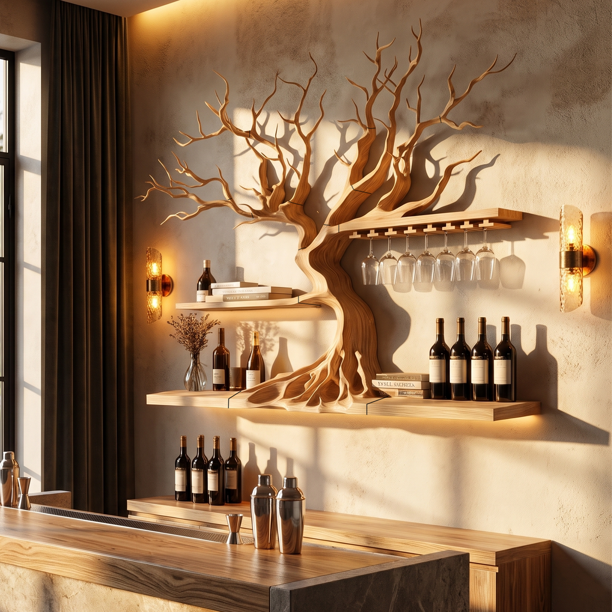 Modern Wooden Wine Rack With Sculptural Tree Frame For Kitchen And Dining Room