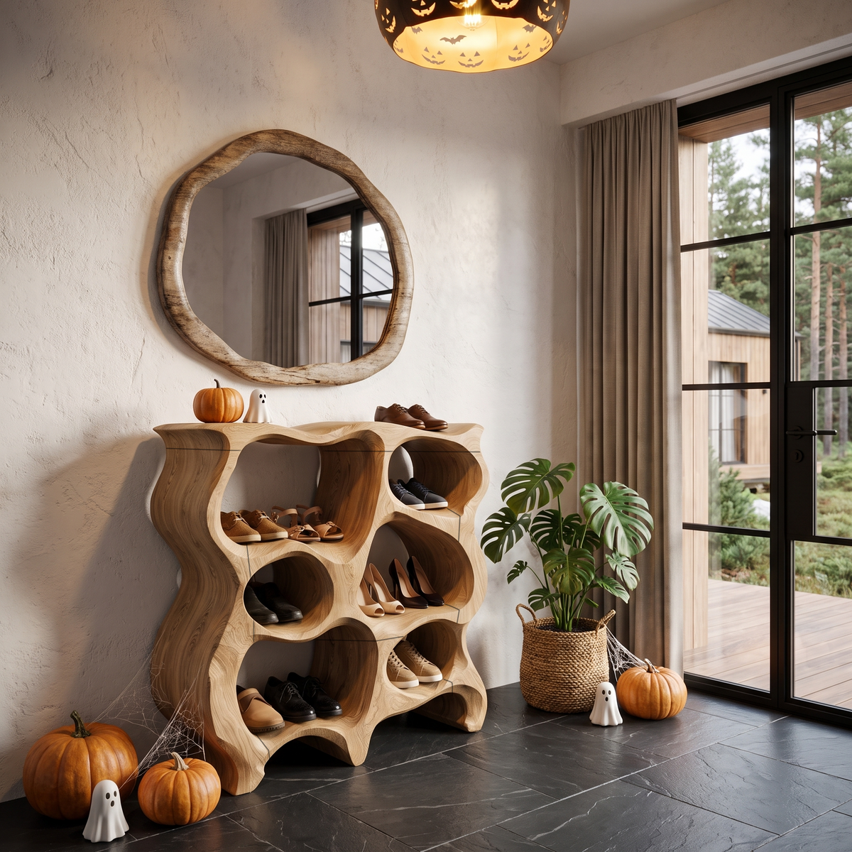 Rustic Halloween Multi Tier Shoe Rack With Carved Hollow Design For Entryway