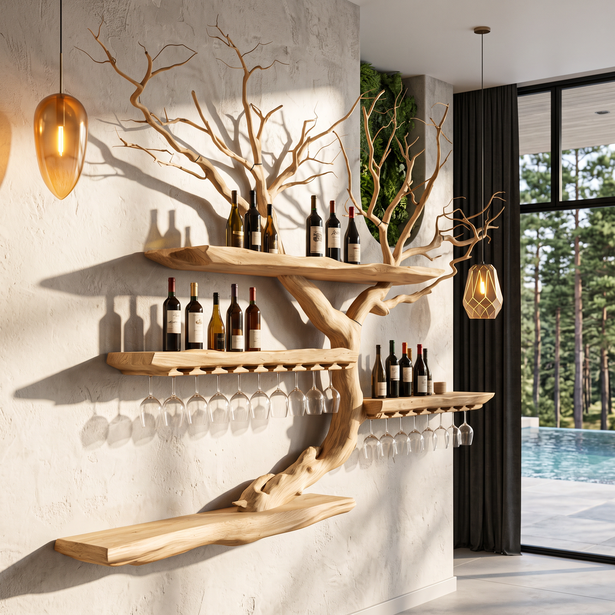 Organic Wine Storage Rack With Flowing Tree Limb Design For Dining Room