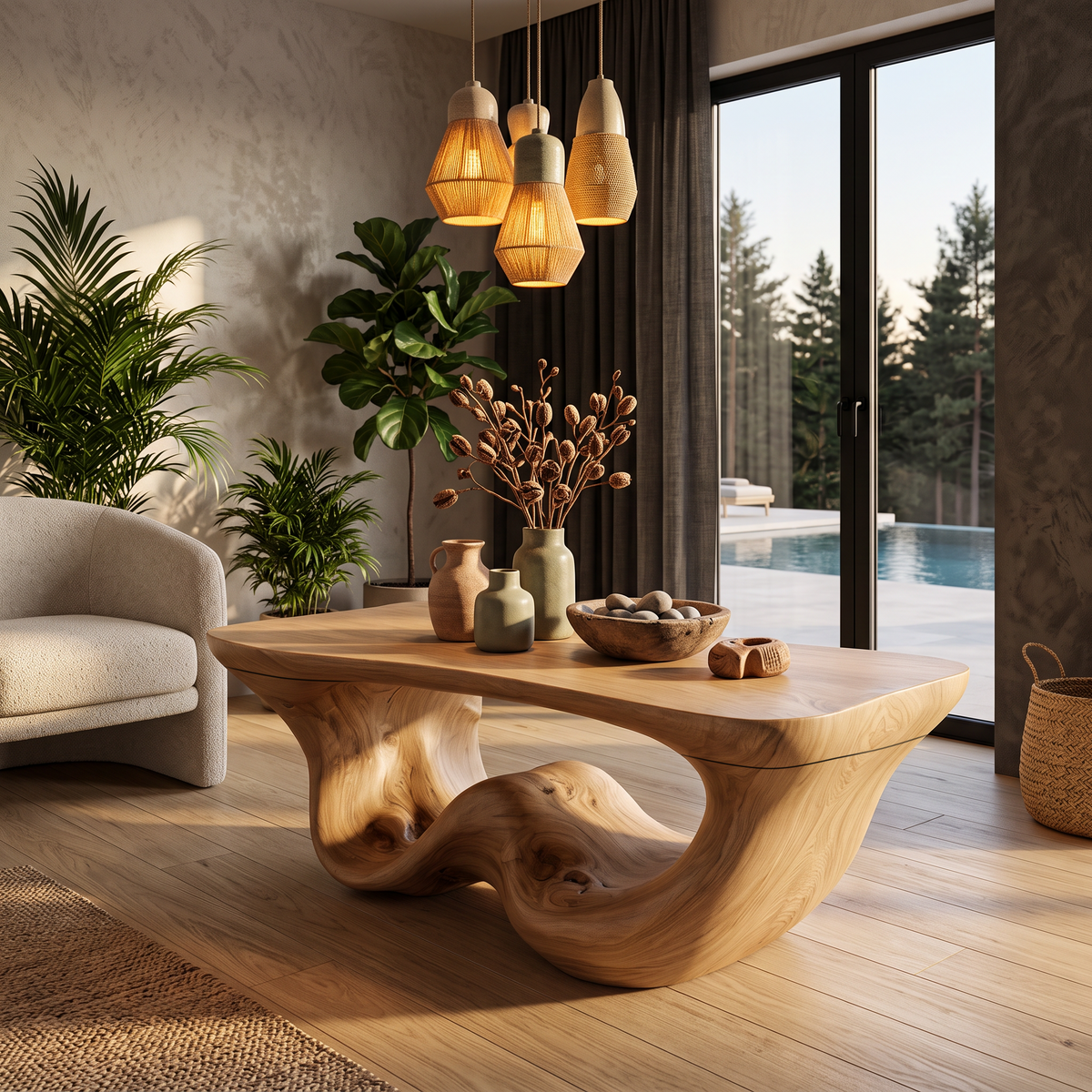 Organic Modern Coffee Table With Seamless Curved Base For Living Room