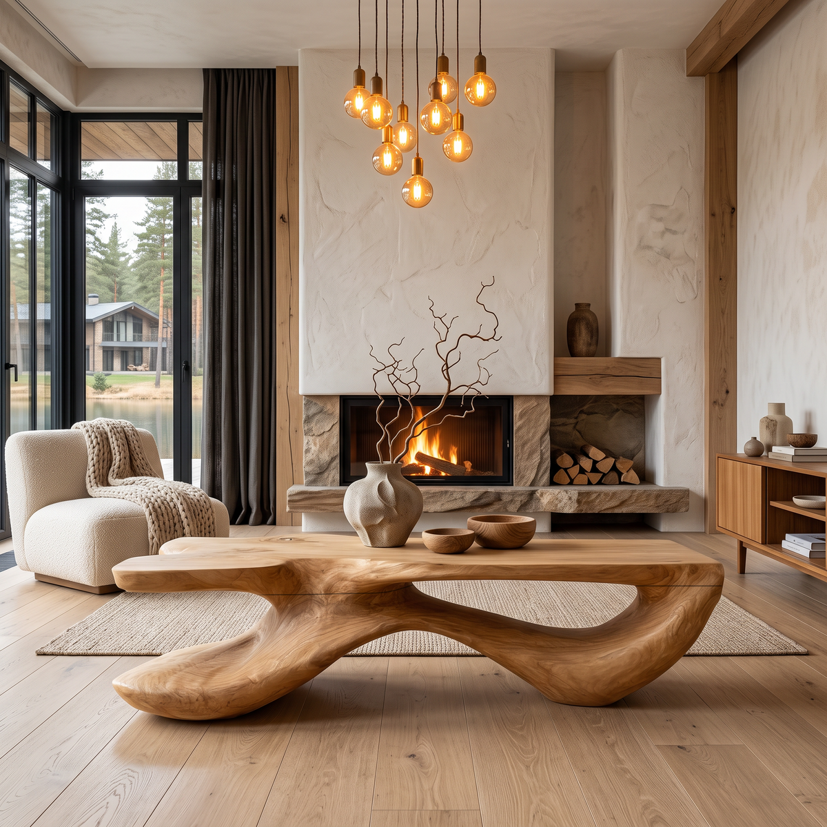 Wooden Coffee Table With Freeform Top Design For Living Room