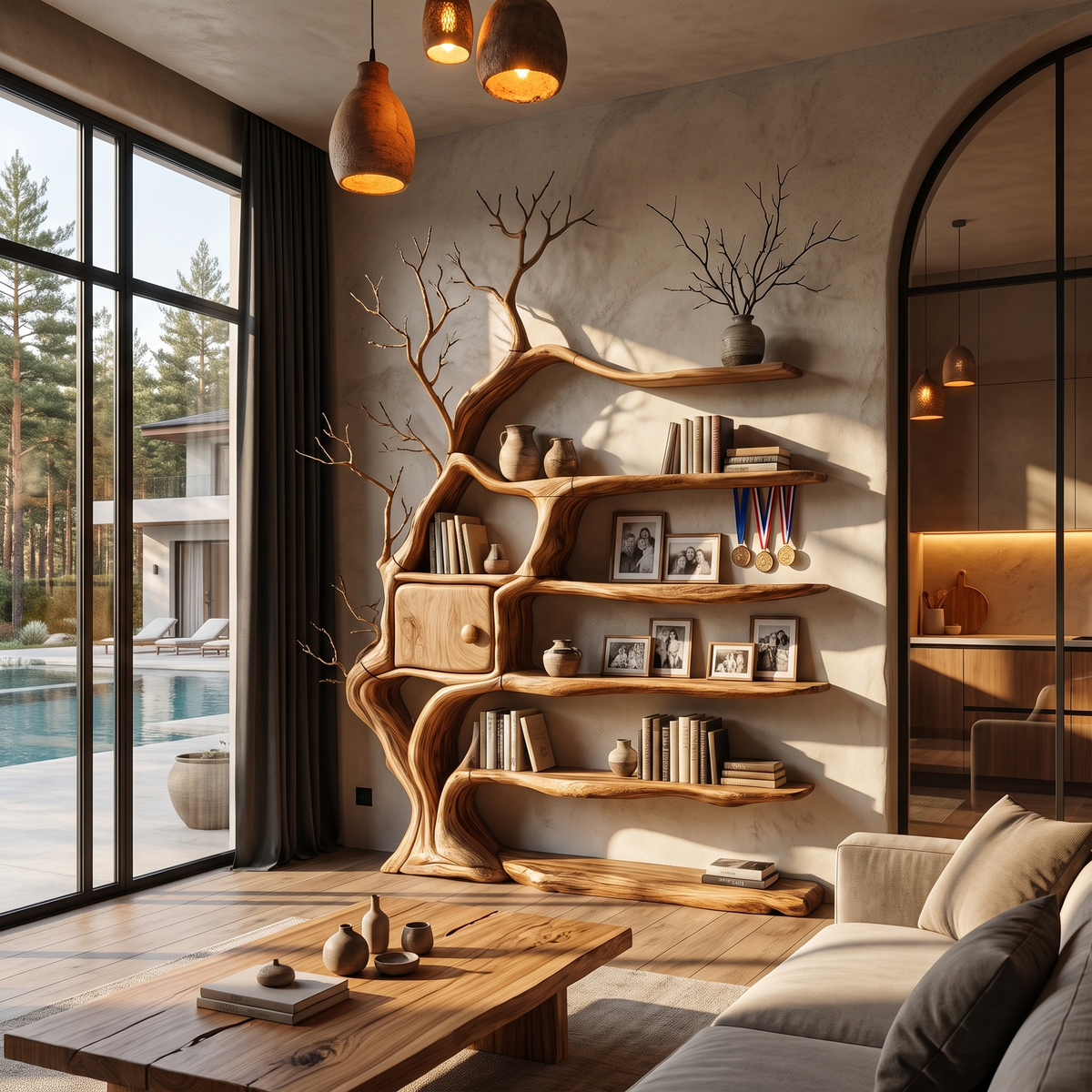 Modern Tree Bookshelf With Integrated Storage Cabinet For Living Room