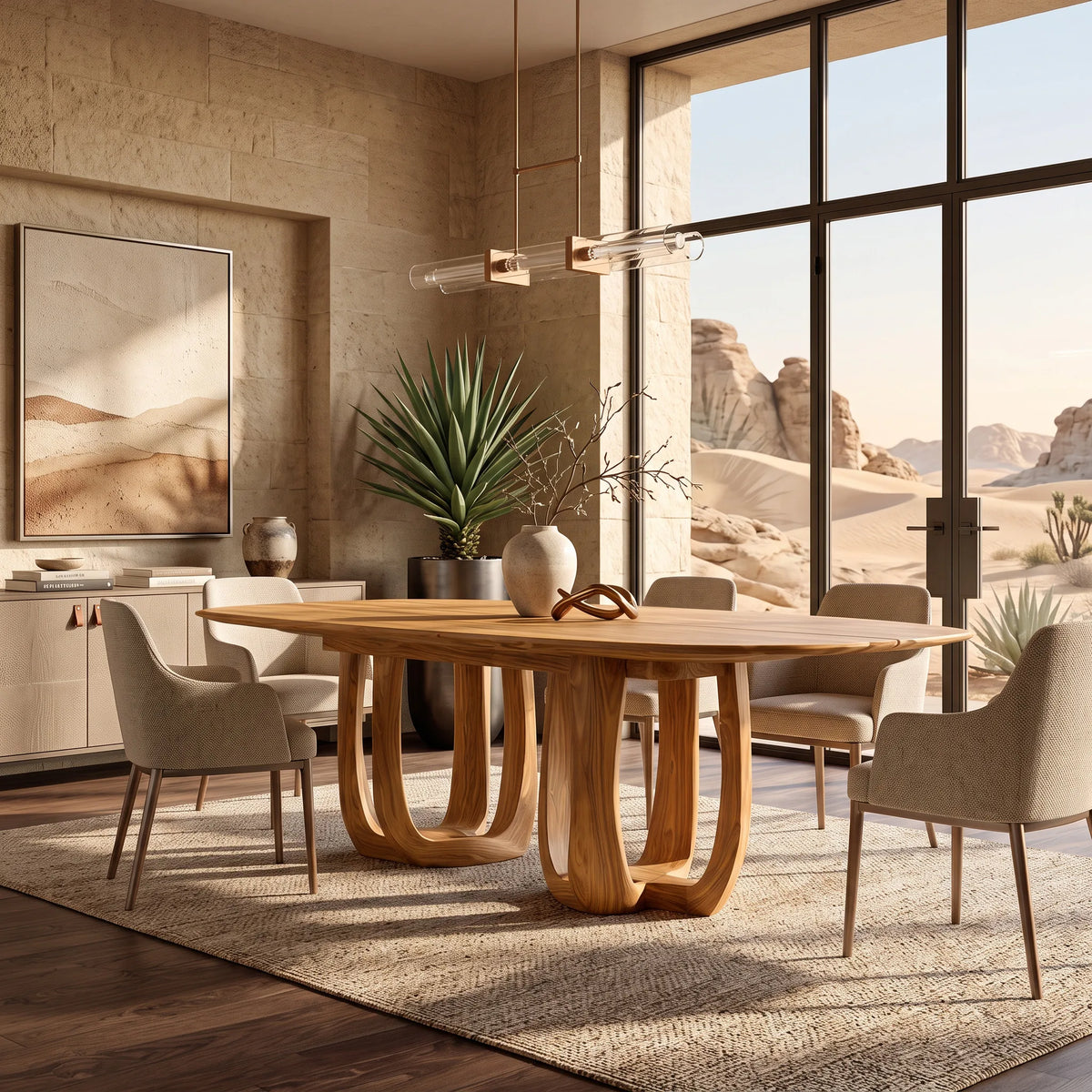 Modern Natural Wood Dining Table Double Loop Base For Dining Room