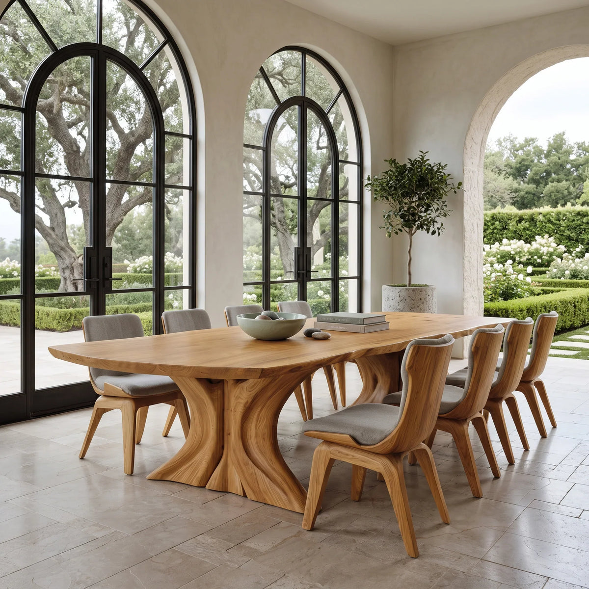 Luxury Natural Wood Dining Table Double Pedestal For Dining Room