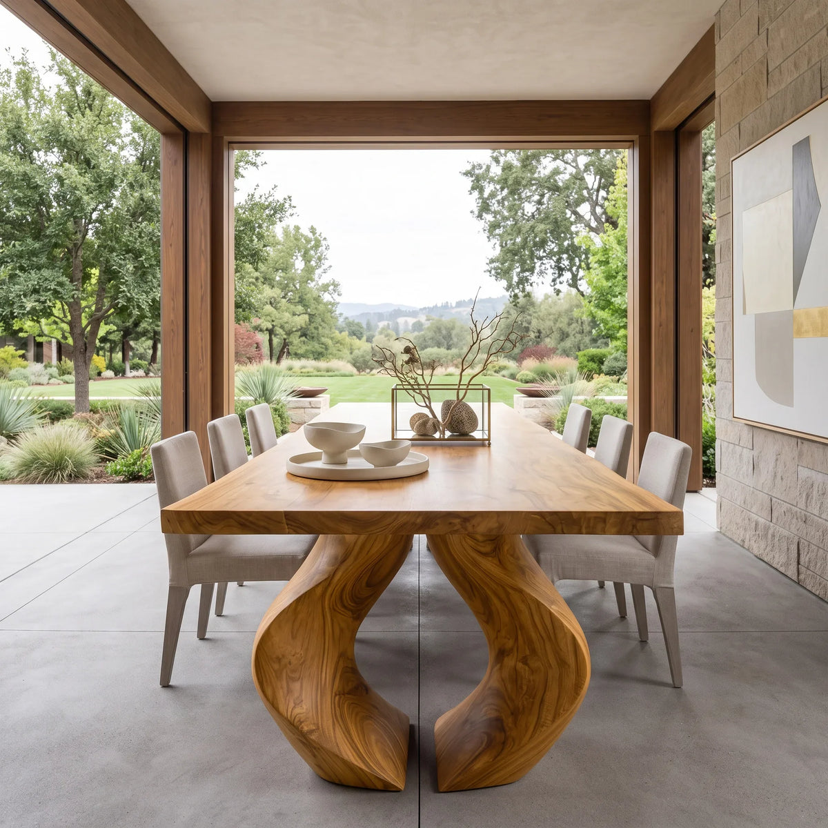 Modern Natural Wood Dining Table Sculptural Base For Dining Room