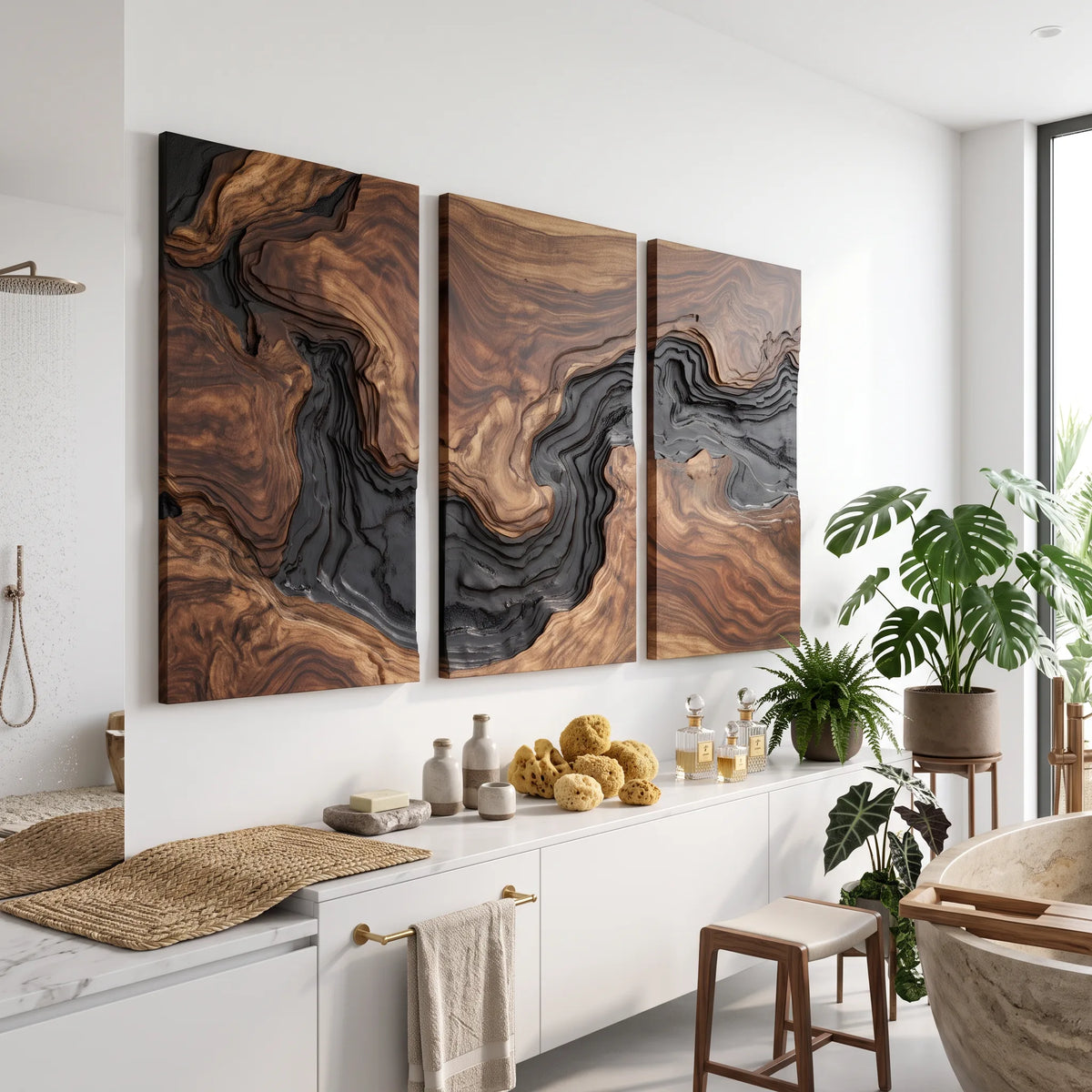Modern Layered Wave Triptych Wood Wall Art Living Room