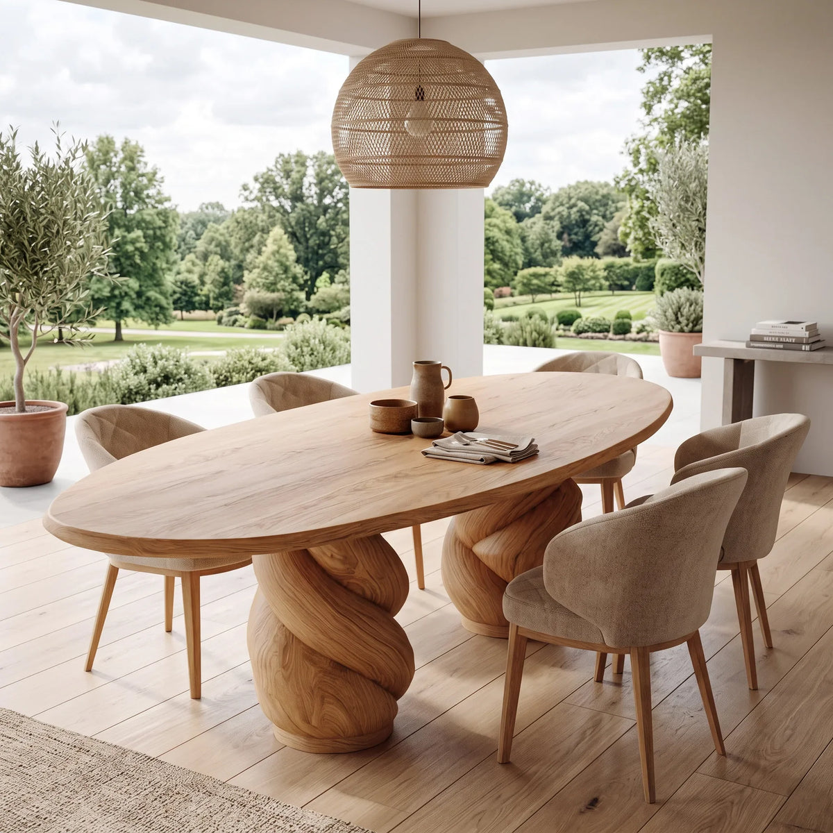 Modern Natural Wood Dining Table Twisted Pedestal For Dining Room