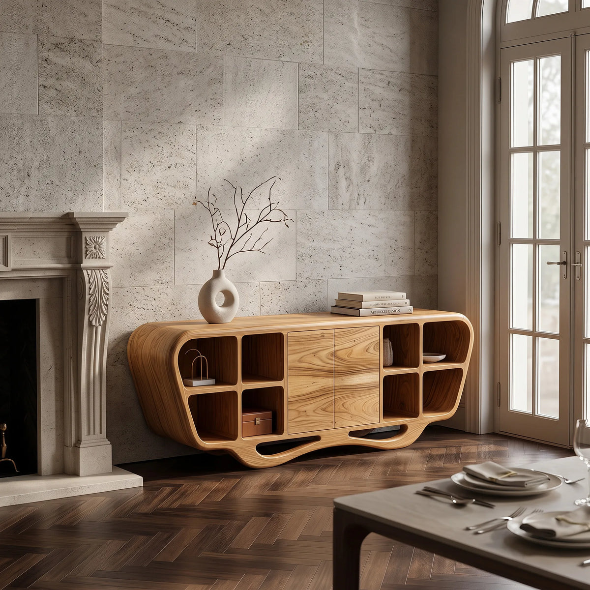 Modern Sculptural Open Shelf Sideboard For Living Room