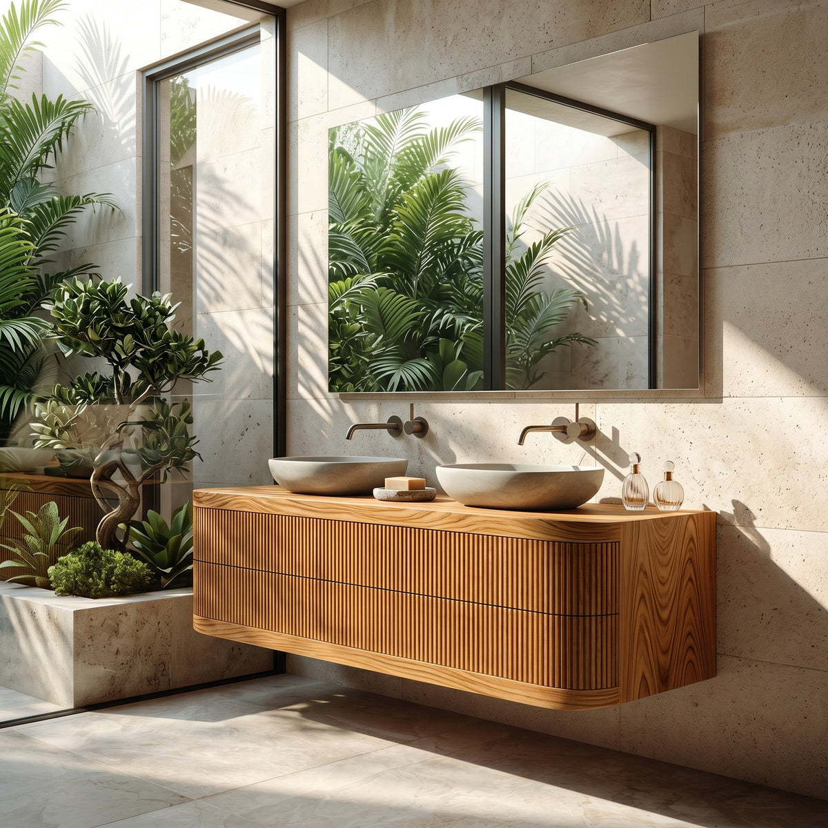 Contemporary Wooden Floating Bathroom Vanity With Fluted Front For Bathroom