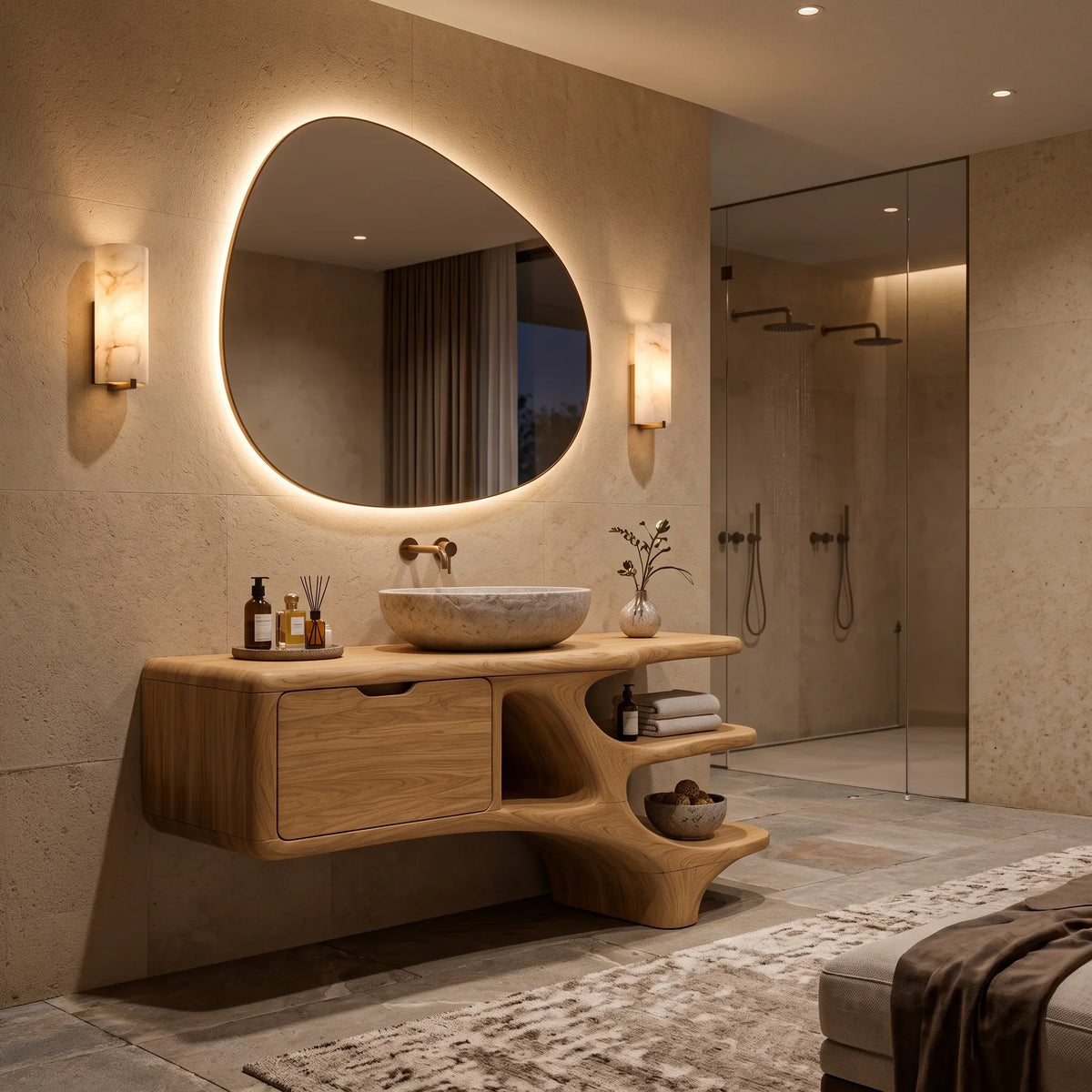 Contemporary Bathroom Vanity Curved Shelves With Cabinet For Modern Ensuite
