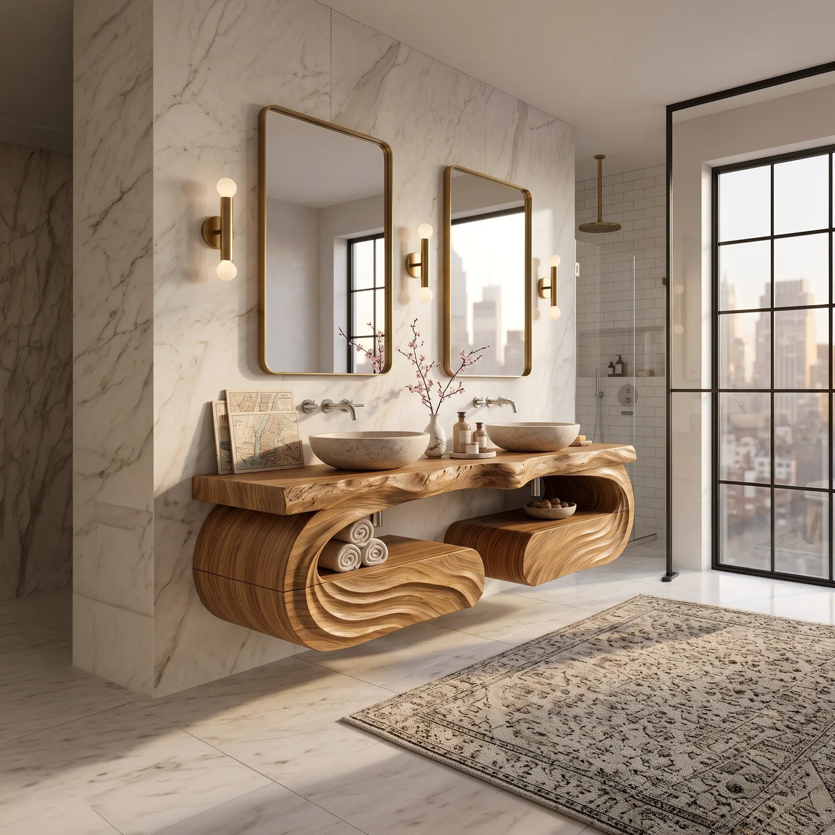 Luxury Floating Bathroom Vanity Wave Carved Cabinet For Modern Ensuite