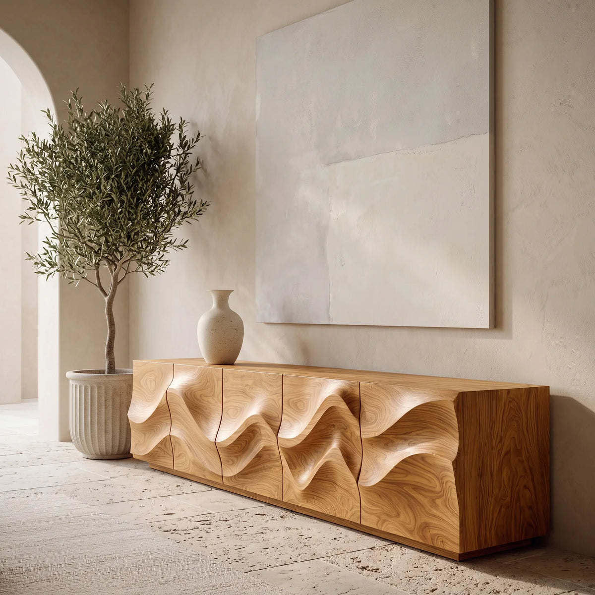 Modern Sculptural Relief Sideboard For Hallway