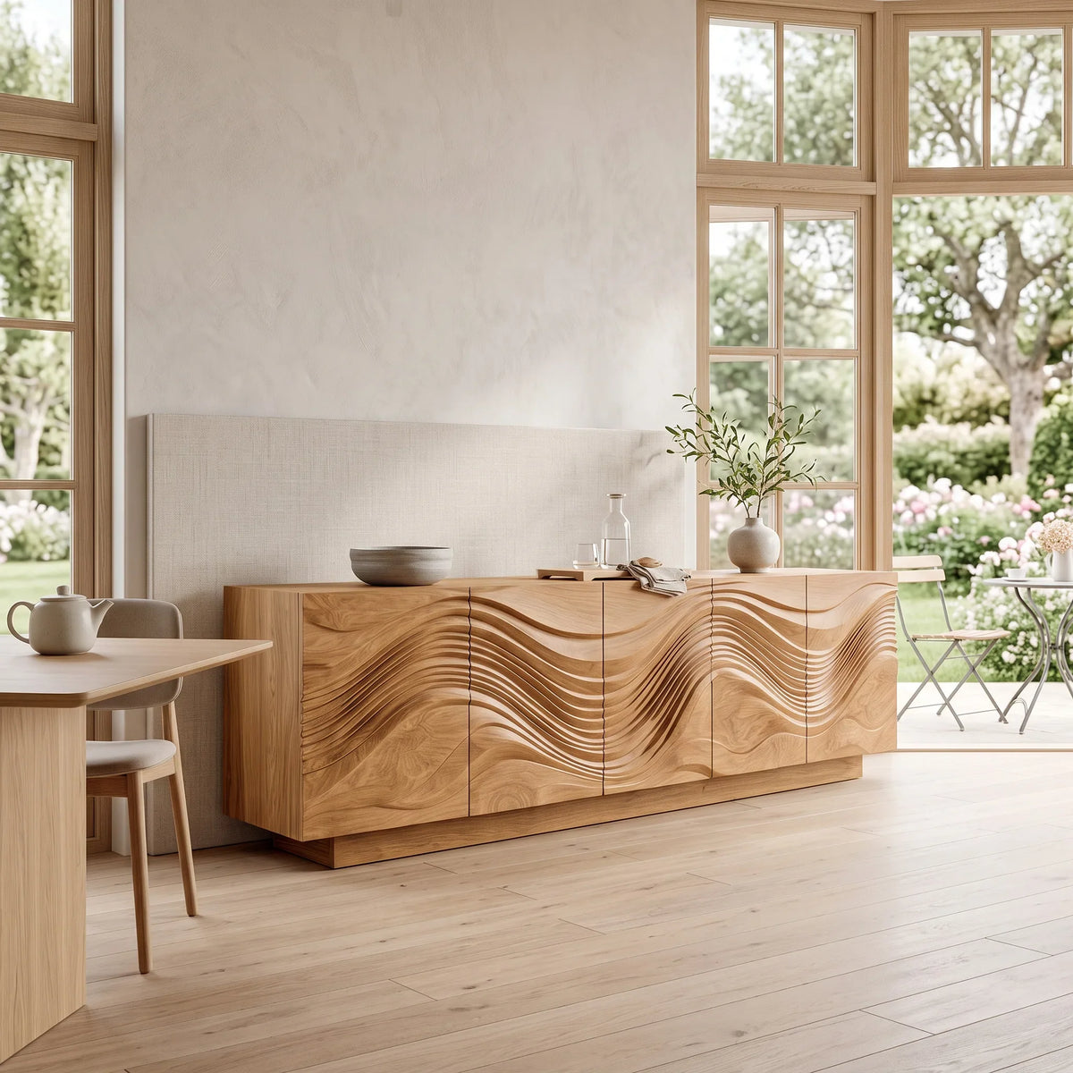 Contemporary Wave Carved Sideboard For Dining Area