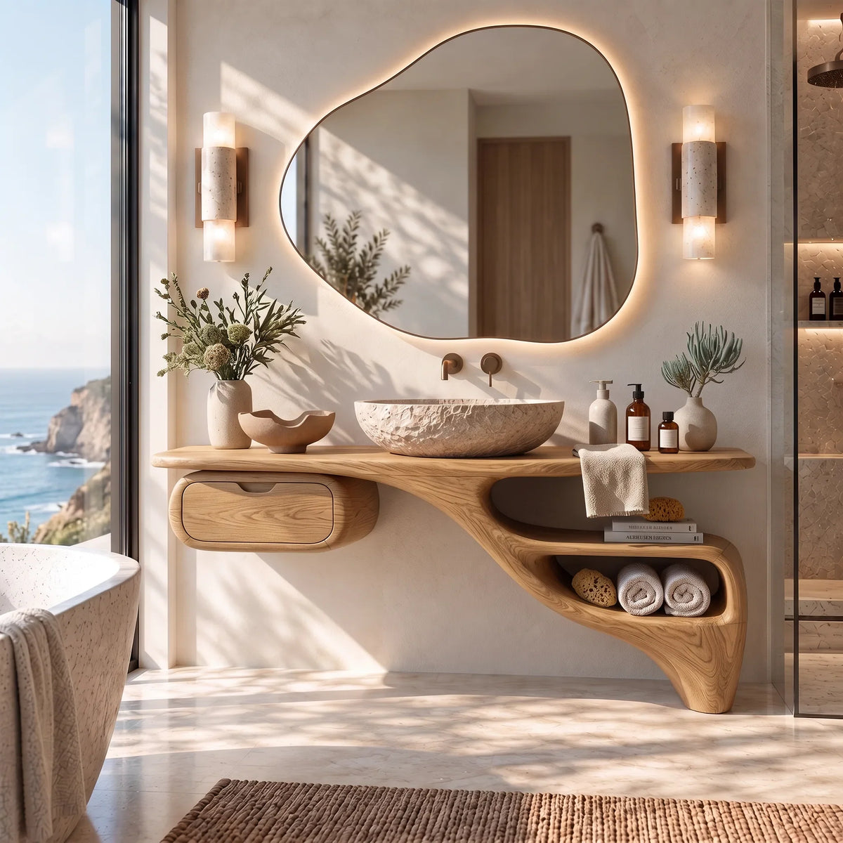 Sculptural Bathroom Vanity Flowing Shelves With Storage For Luxury Bathroom