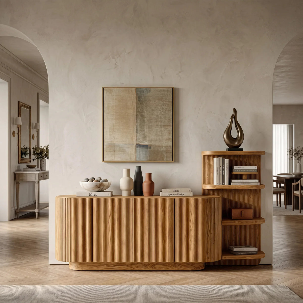 Contemporary Fluted Sideboard With Shelves For Living Room