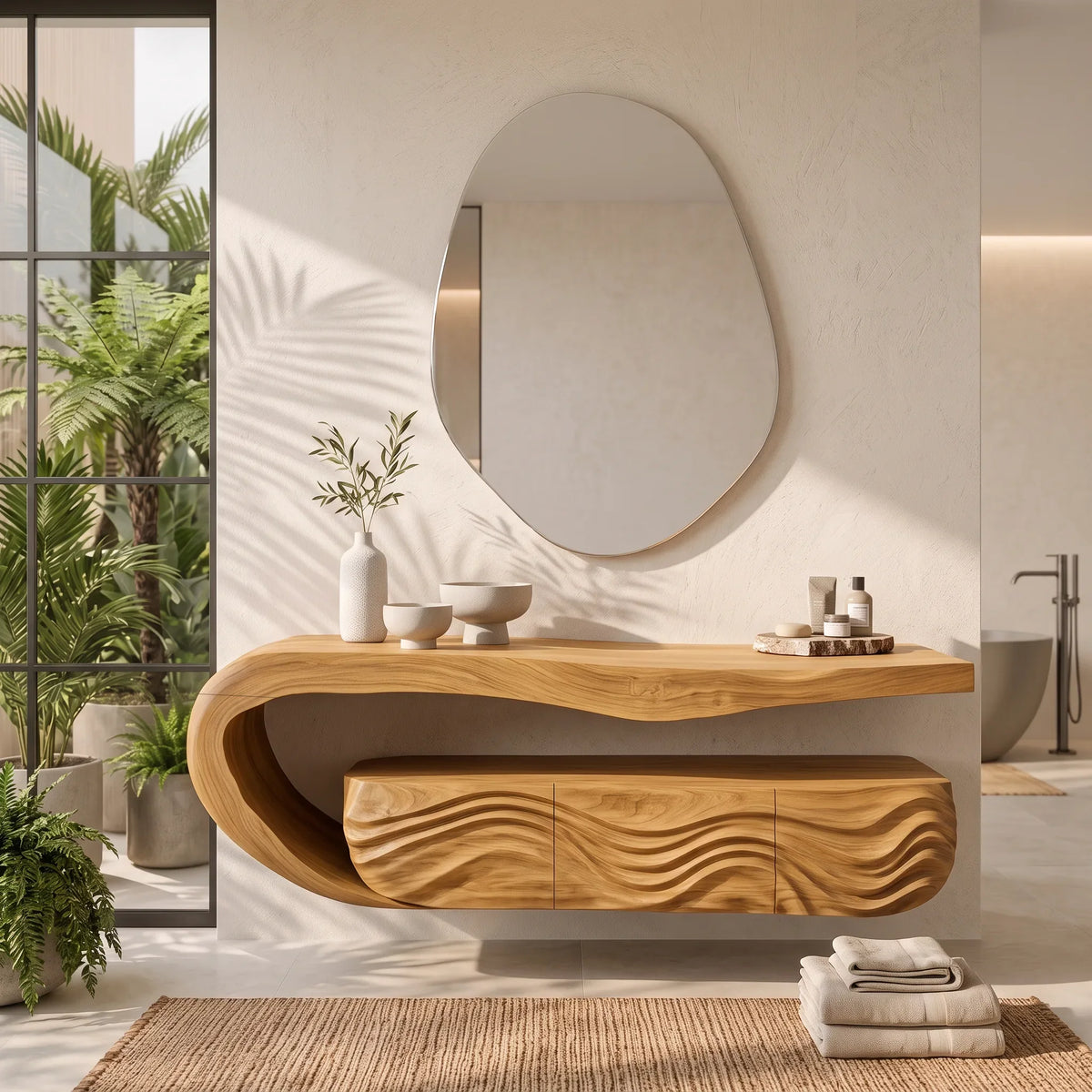 Minimalist Floating Bathroom Vanity Wave Carved Cabinet For Modern Bathroom