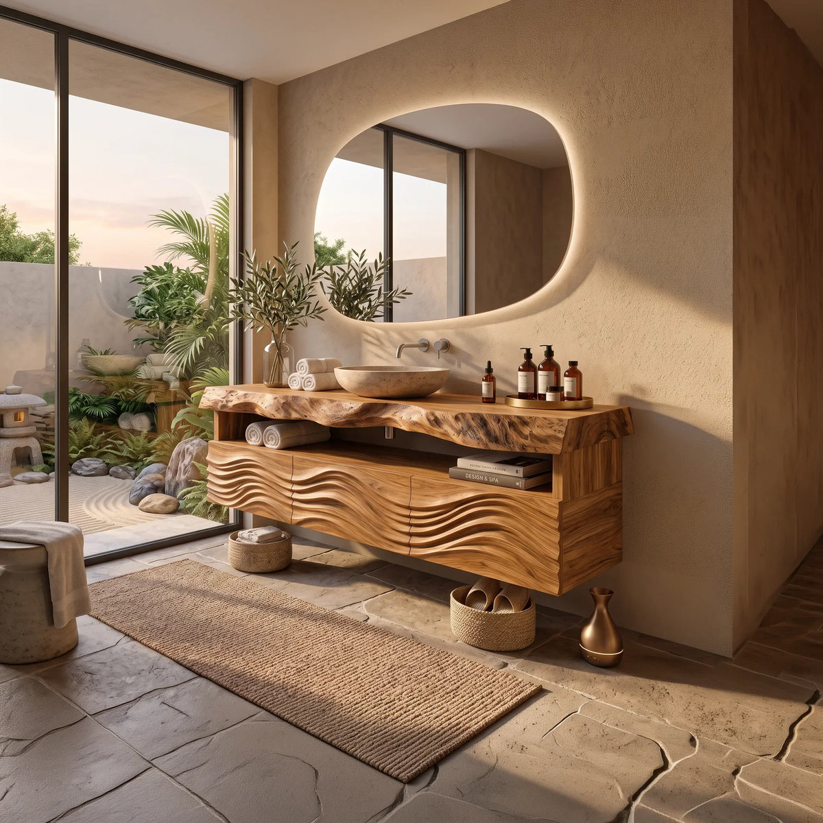 Contemporary Wall Mounted Bathroom Vanity Wave Carved Drawers For Ensuite