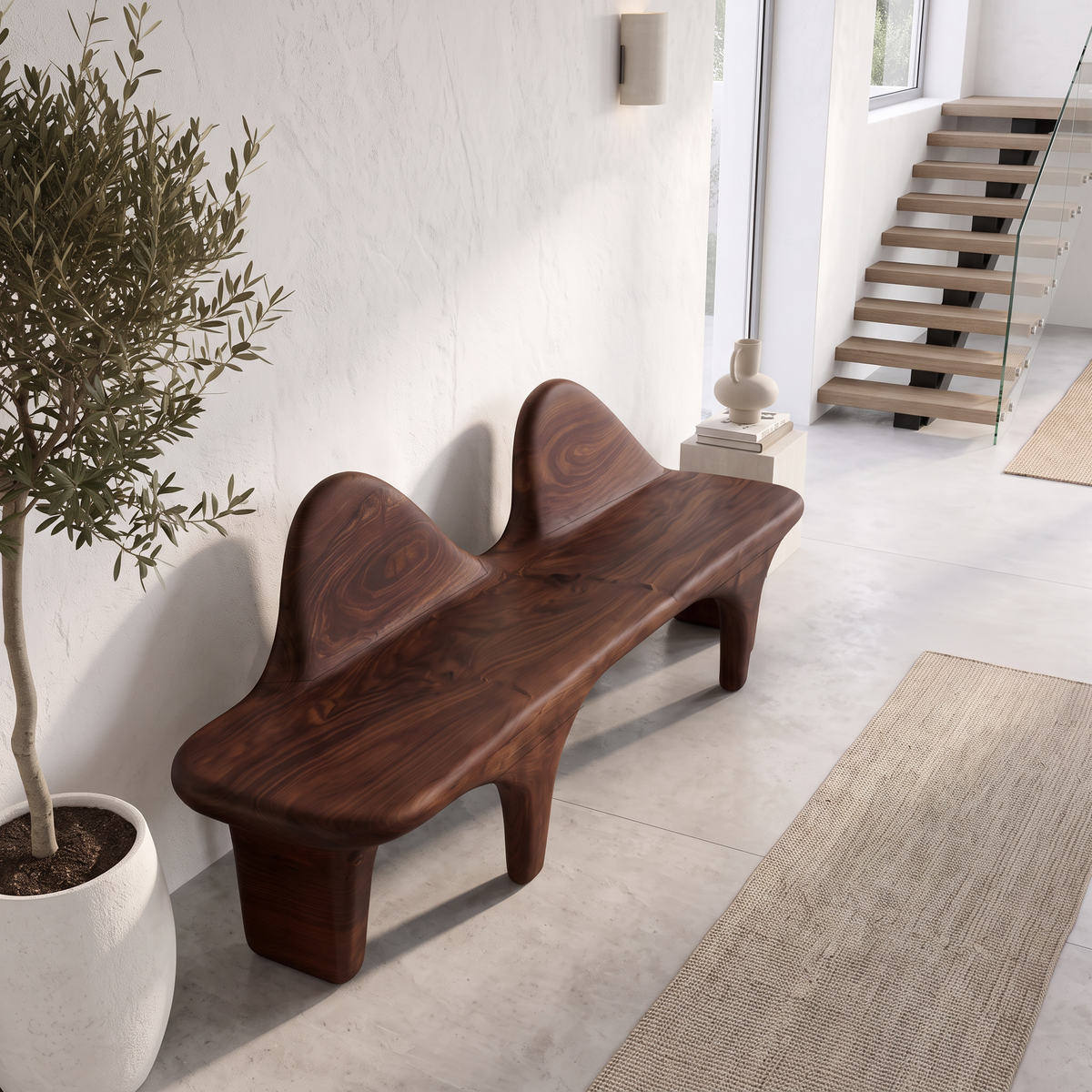 Organic Halloween Wooden Bench With Flowing Back Design For Entryway