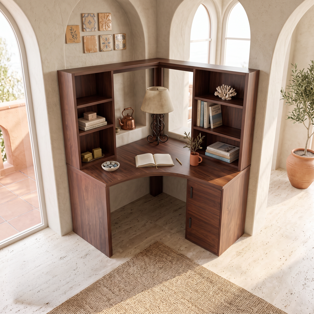 Modern Bookcase Desk With Integrated Upper Shelving For Study Room