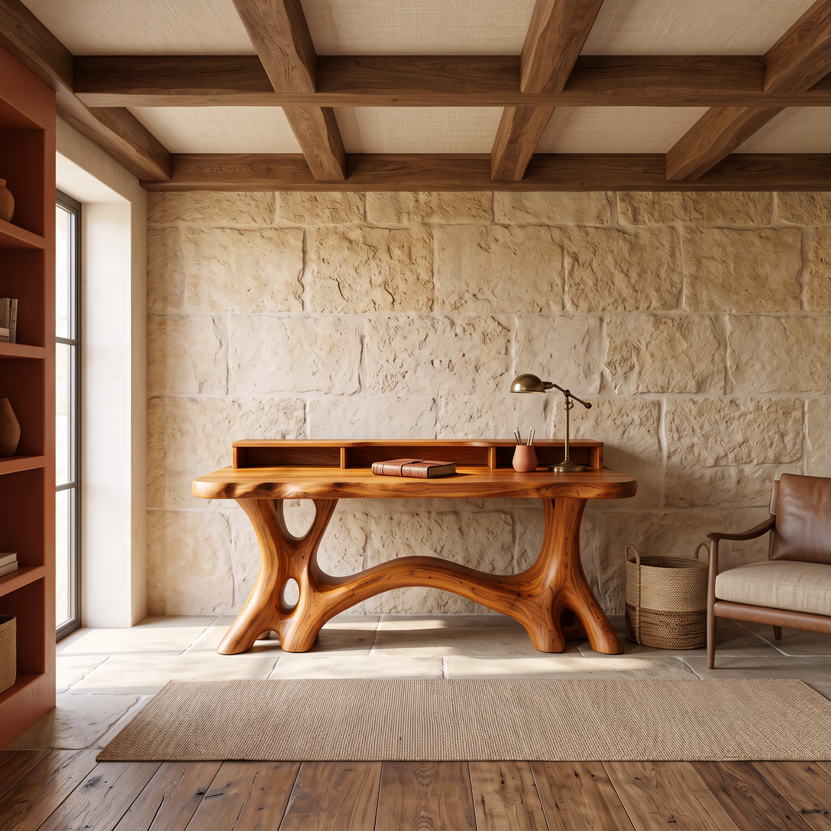 Natural Bookcase Desk With Tree Inspired Upper Storage For Study Room