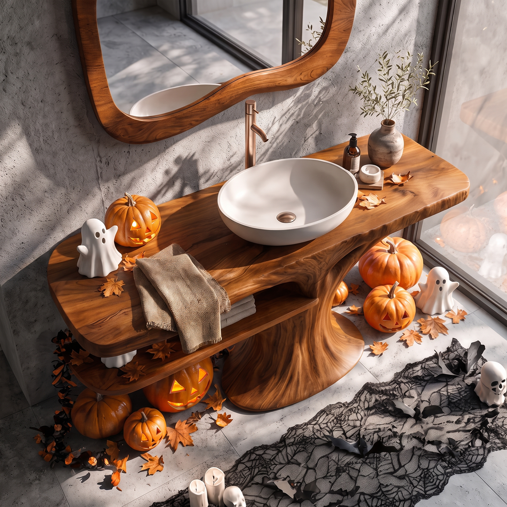 Modern Halloween Wooden Bathroom Vanity With Lower Storage Shelf For Bathroom
