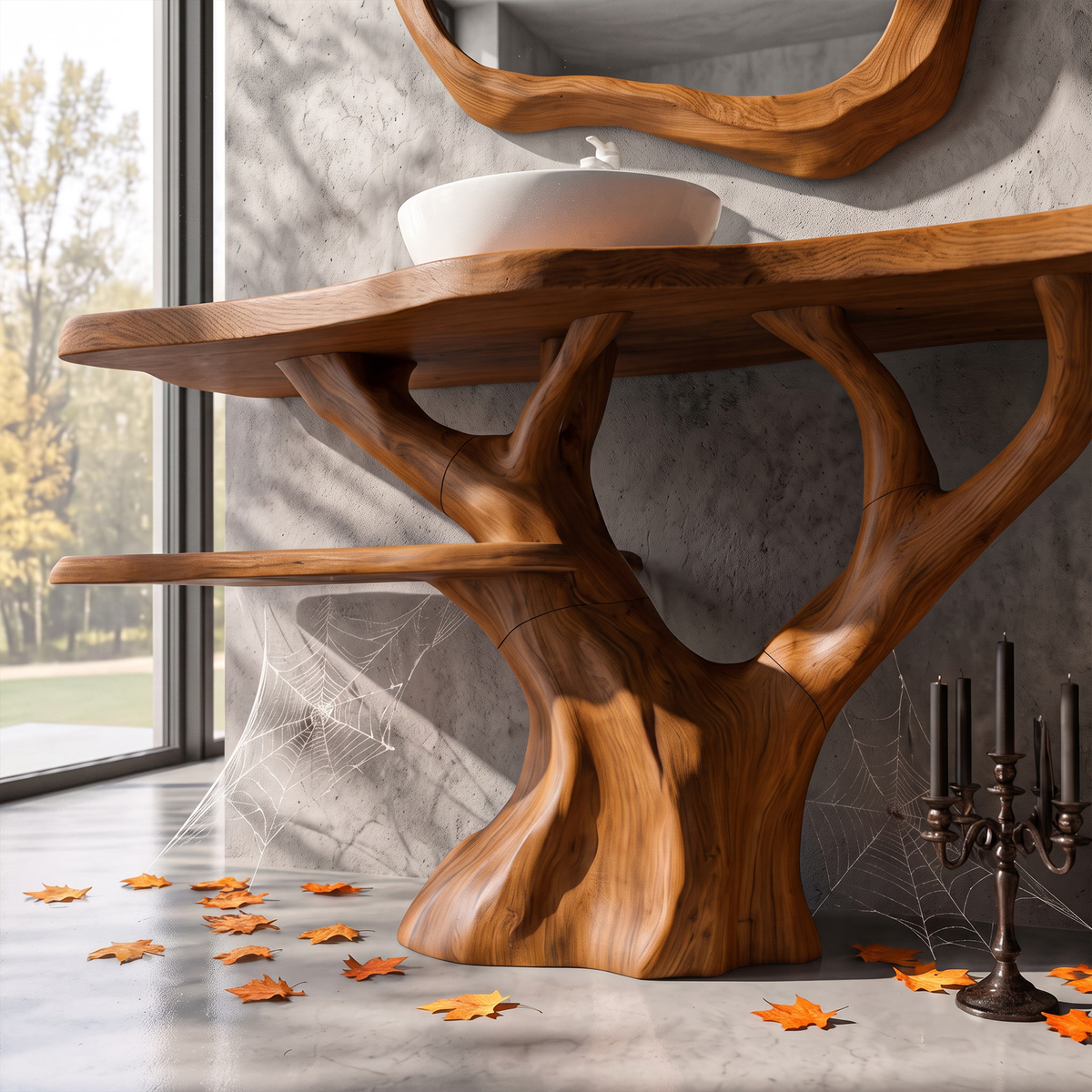 Mid Century Halloween Solid Wood Bathroom Vanity With Sculptural Tree Form For Bathroom
