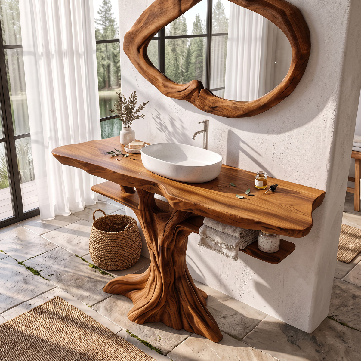 Contemporary Wooden Bathroom Vanity With Tree Inspired Frame For Bathroom