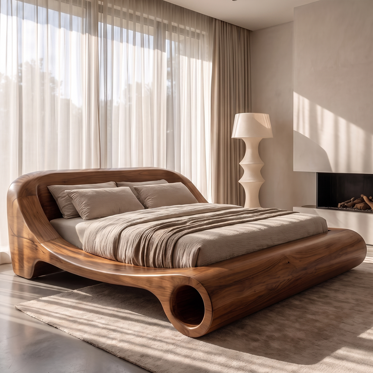 Contemporary Queen Bed Frame With Sculptural Rounded Frame For Bedroom