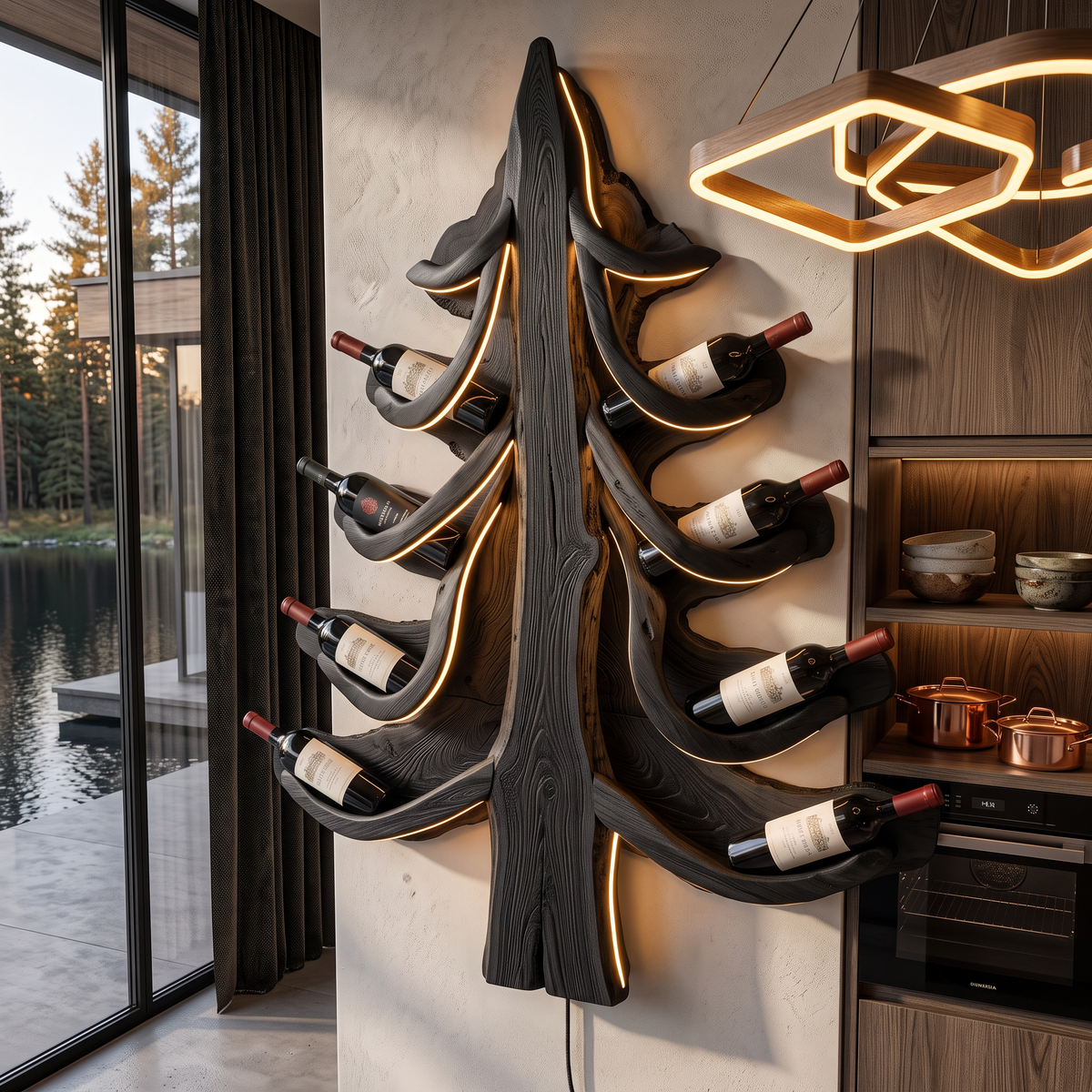 Modern Wine Display Rack With Sculptural Pine Tree Design For Home Bar