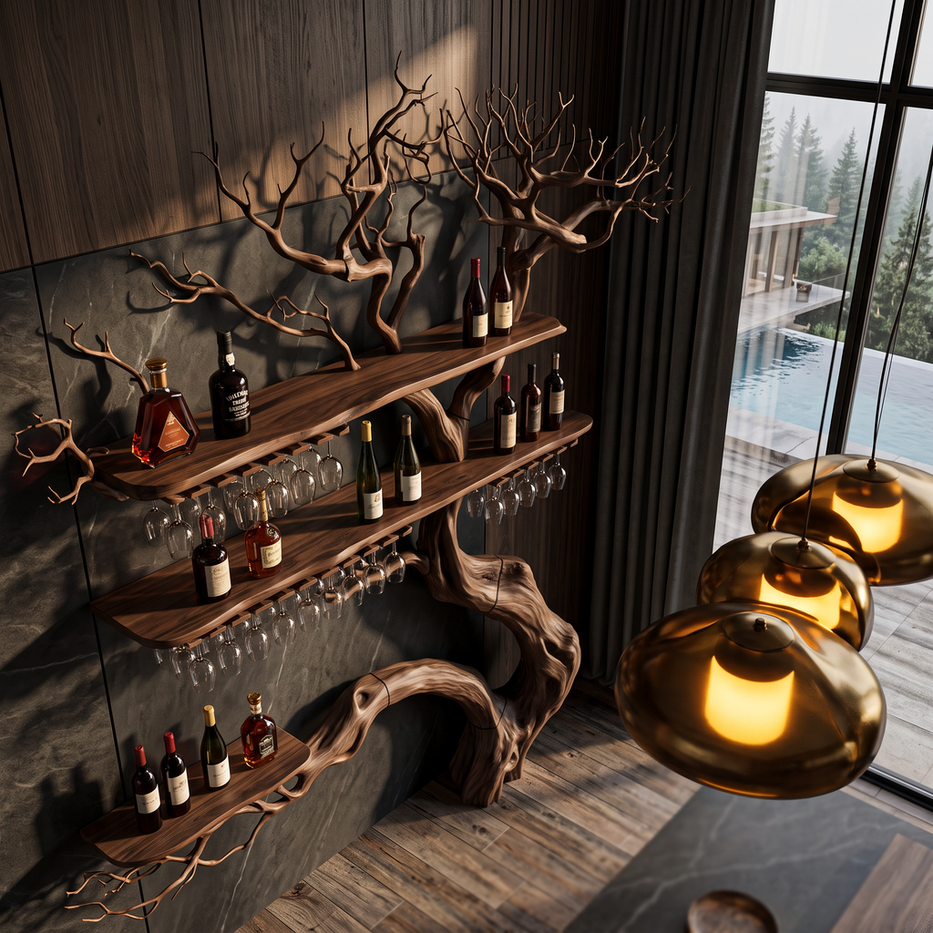 Farmhouse Wall Hanging Wine Rack With Rustic Tree Silhouette For Dining Room