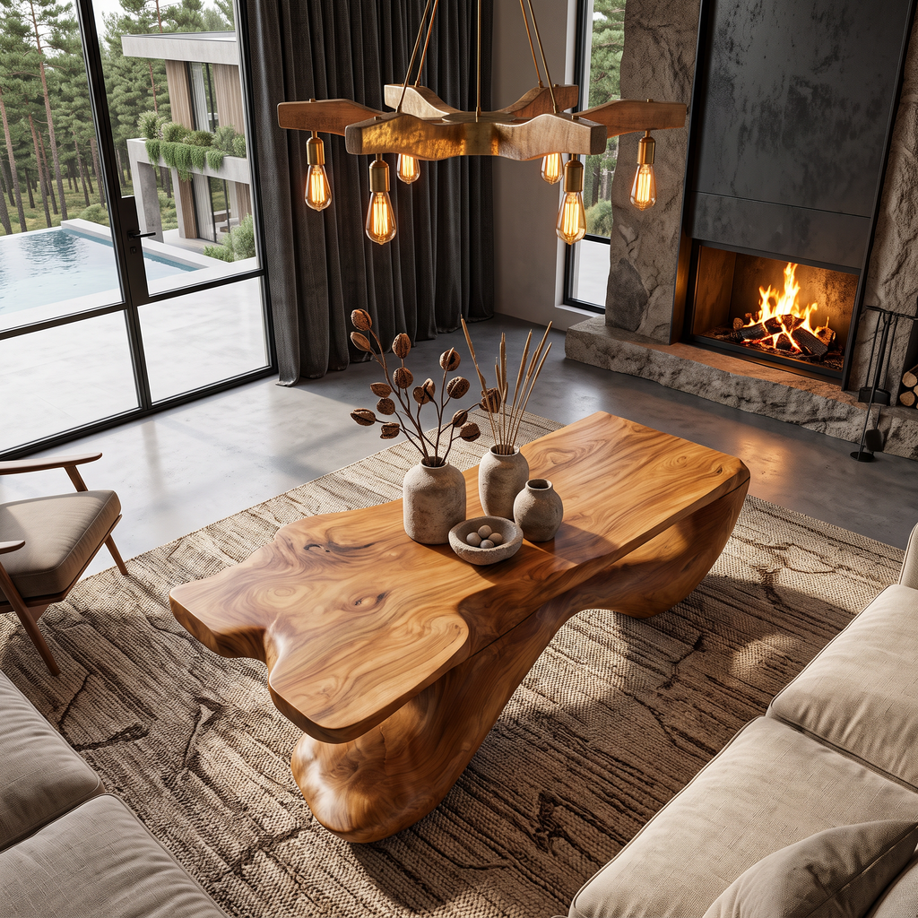 Wooden Coffee Table With Freeform Top Design For Living Room