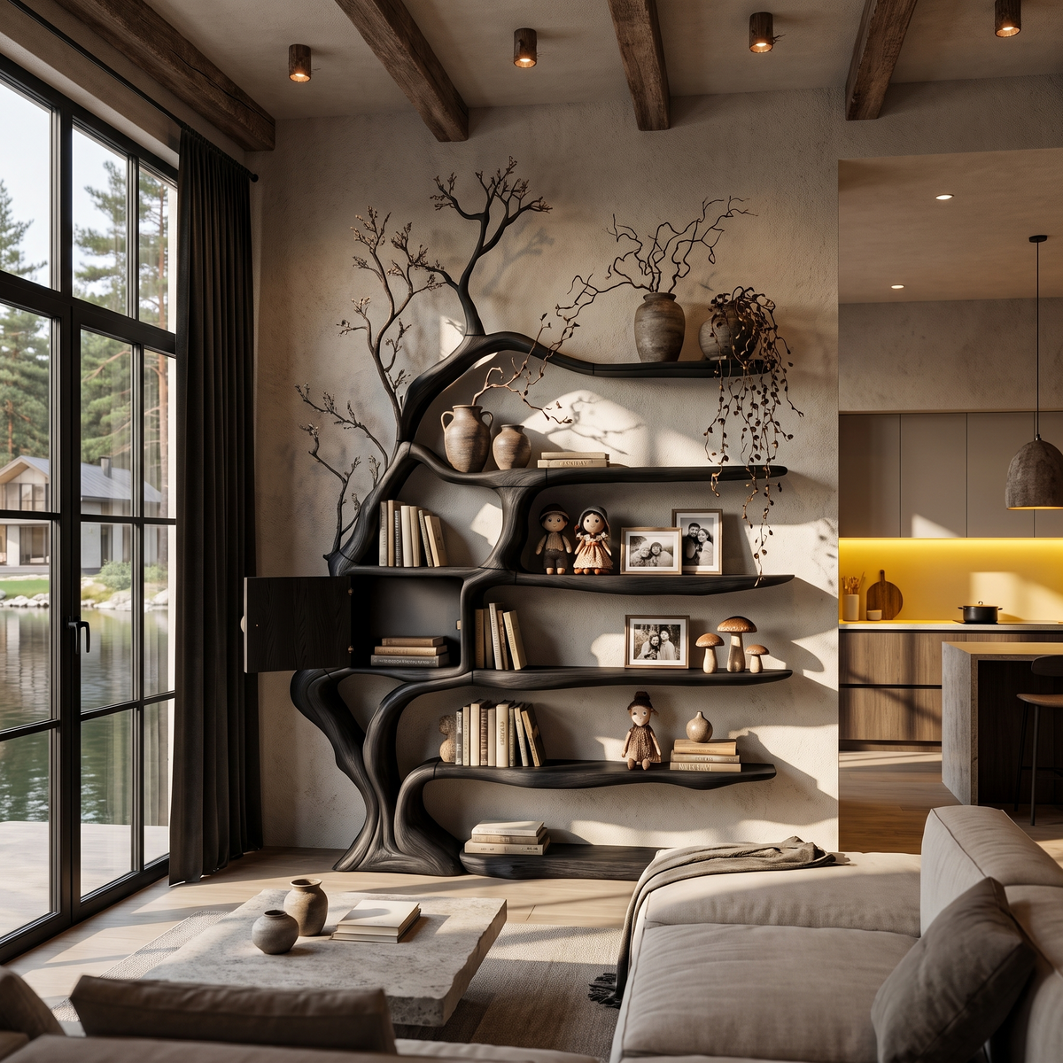 Modern Tree Bookshelf With Integrated Storage Cabinet For Living Room