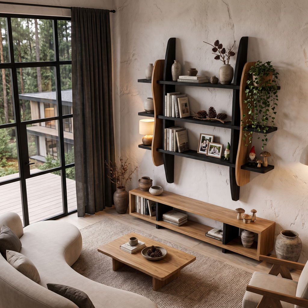 Contemporary Display Shelf With Sculptural Frame Design For Living Room