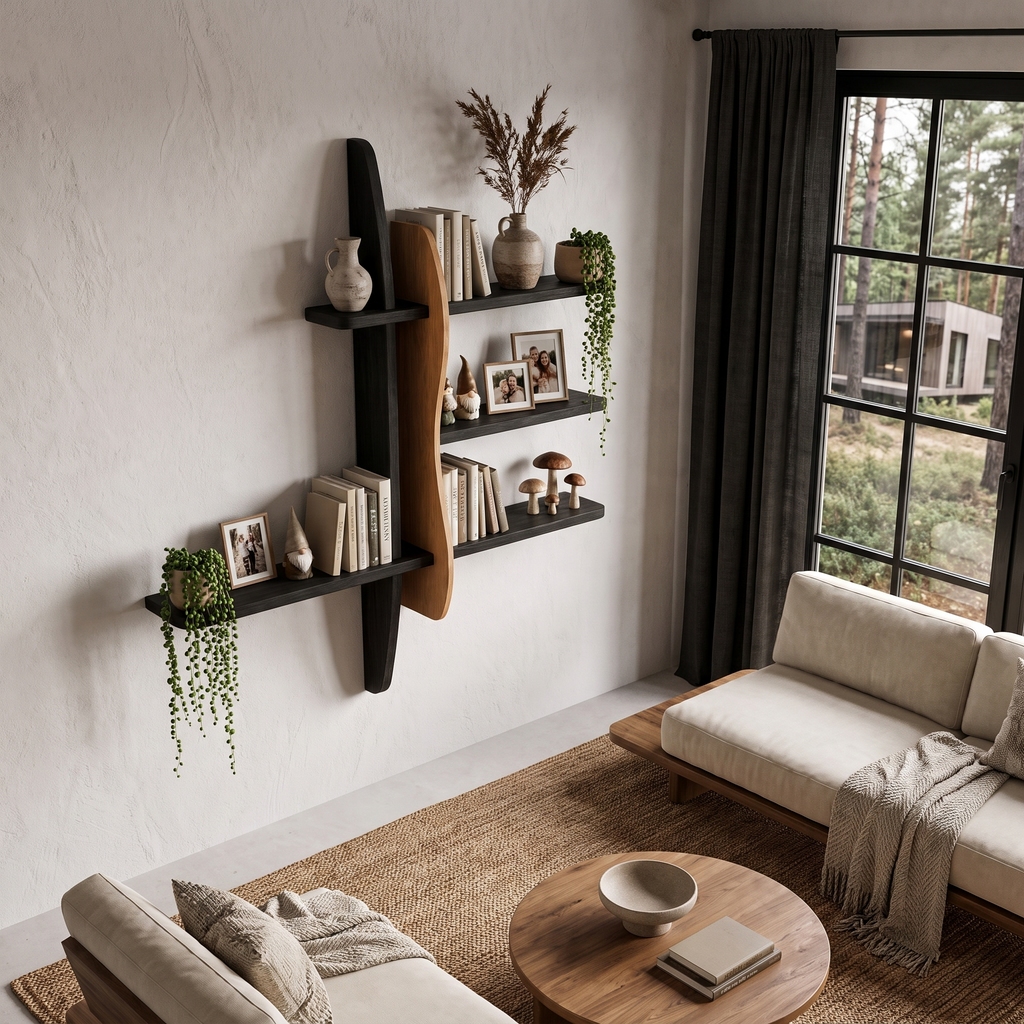 Modern Wall Bookshelf With Asymmetrical Open Shelves For Living Room