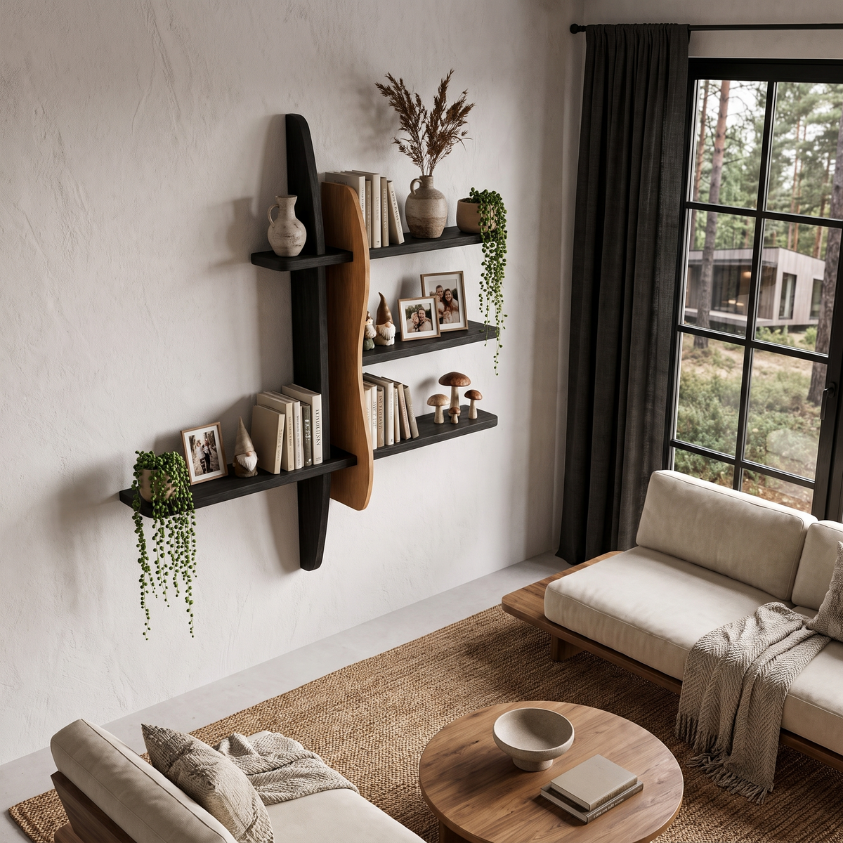 Modern Wall Bookshelf With Asymmetrical Open Shelves For Living Room