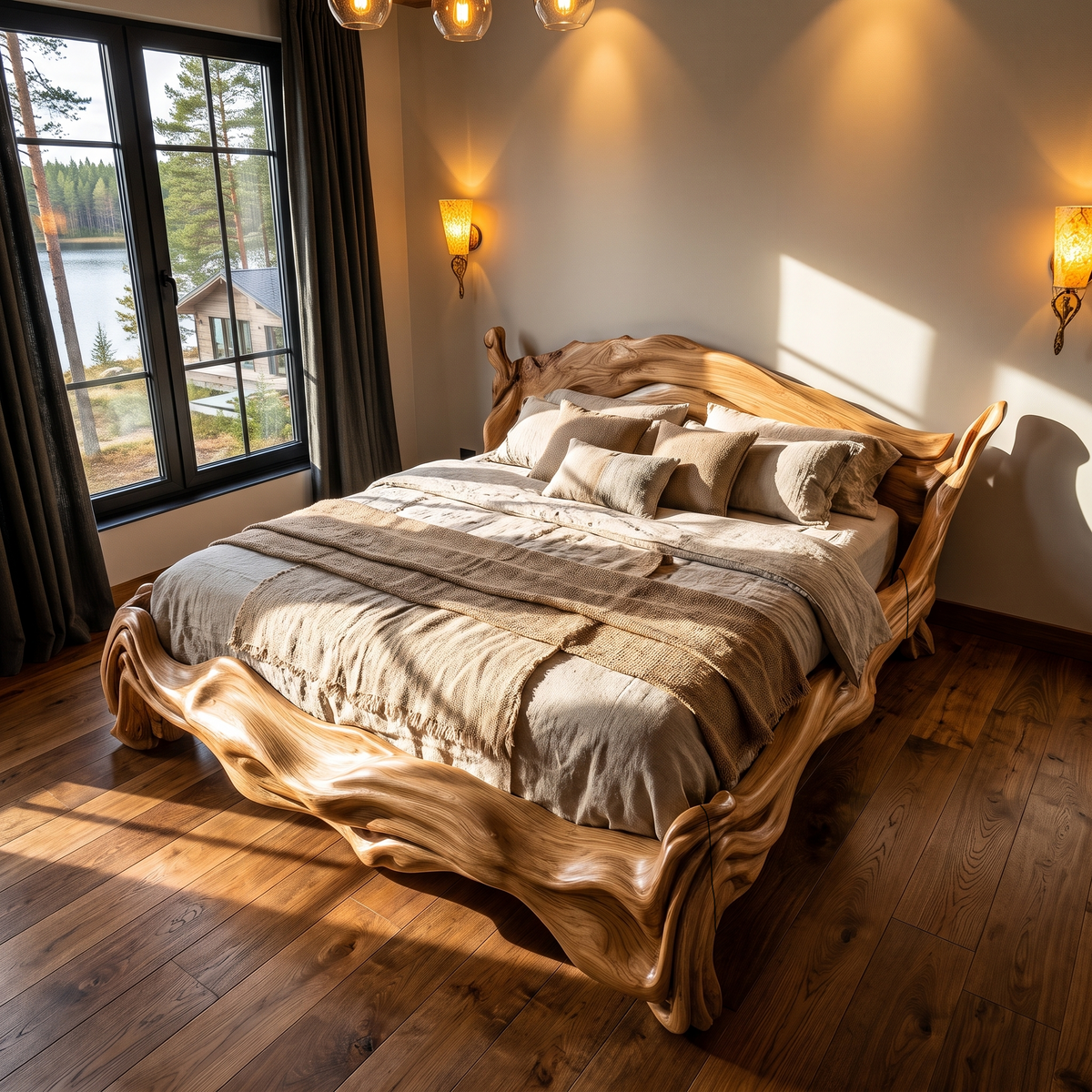 Contemporary King Bed Frame With Flowing Ripple Form For Bedroom