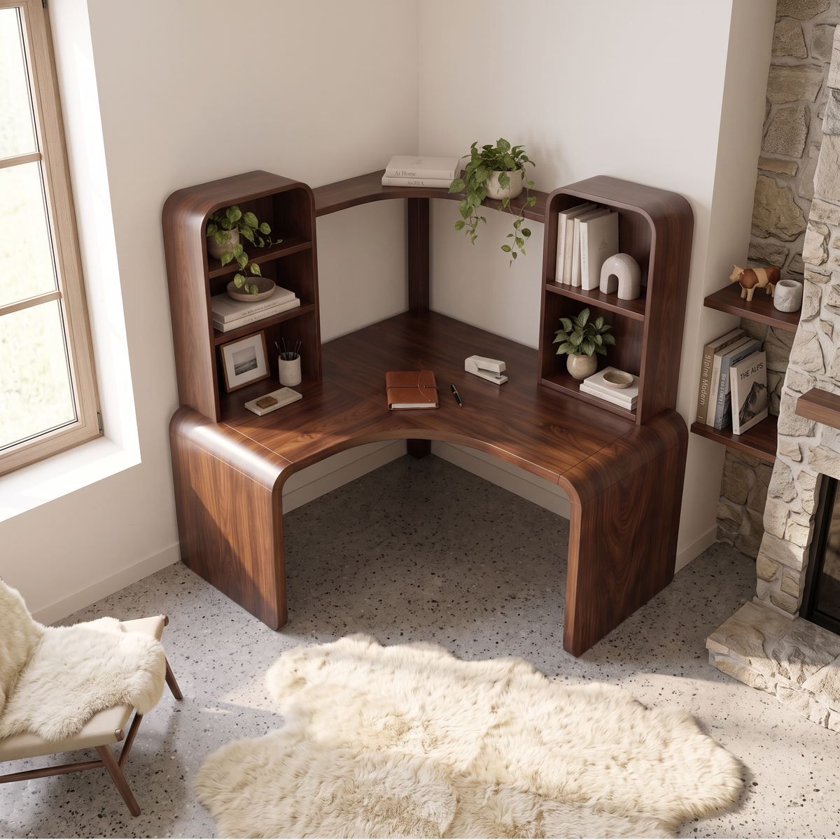 Contemporary Computer Desk With Corner Bookcase For Workspace