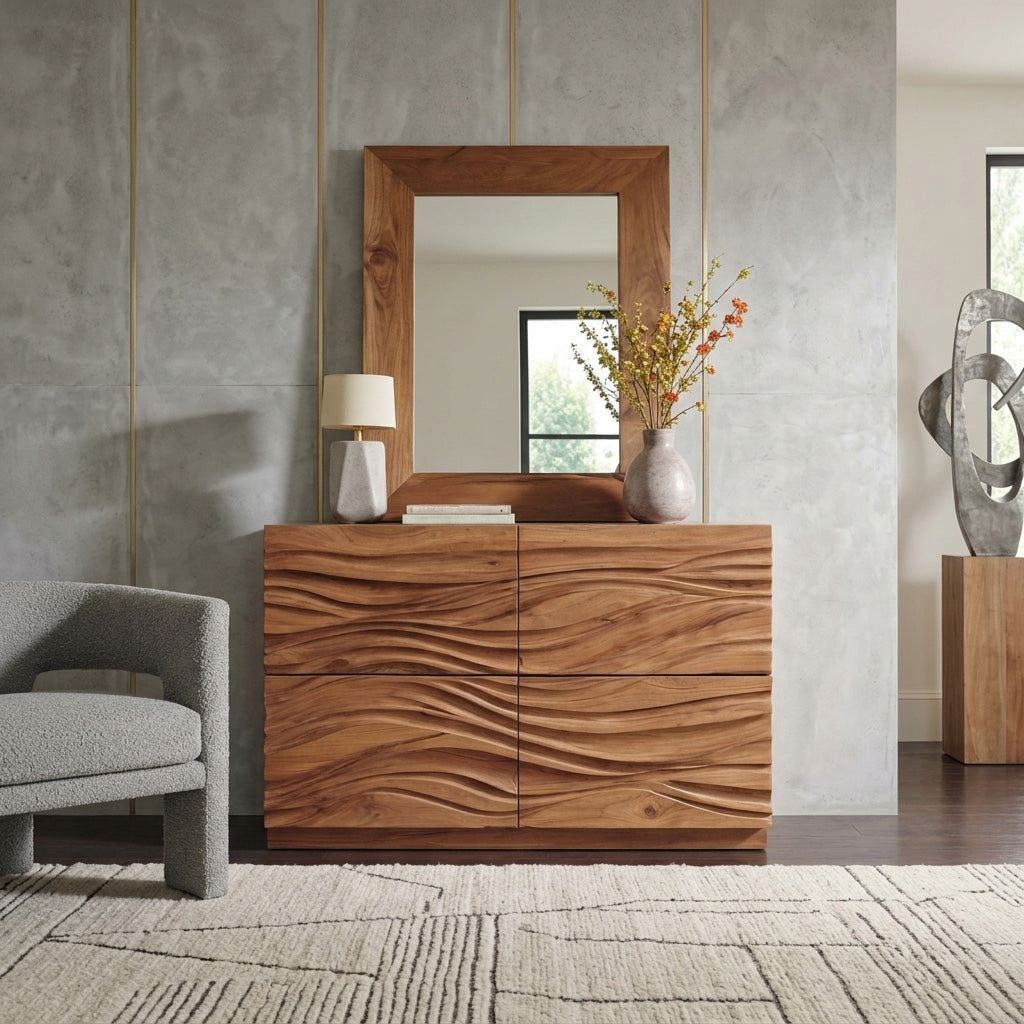 Contemporary Wave Carved Dresser For Bedroom