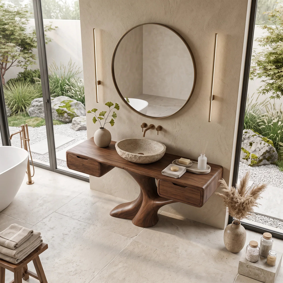 Sculptural Bathroom Vanity Branch Storage For Luxury Primary Suite
