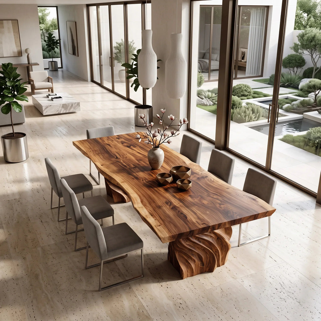 Luxury Natural Wood Dining Table Carved Pedestal For Dining Room