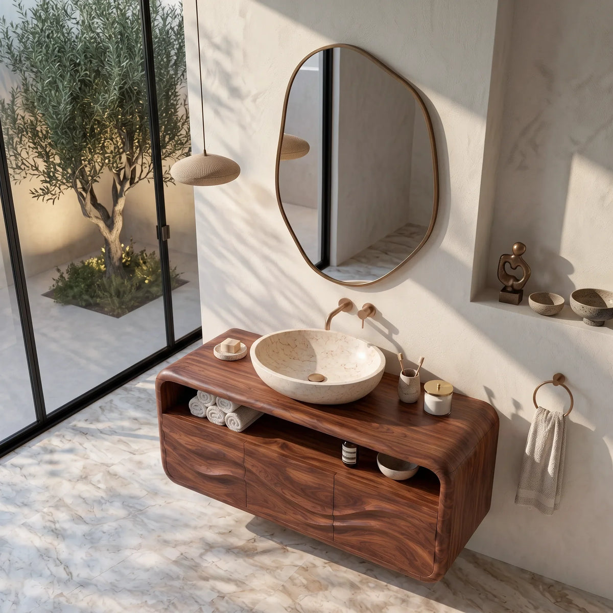 Organic Modern Floating Bathroom Vanity Rounded Cabinet For Spa Bathroom