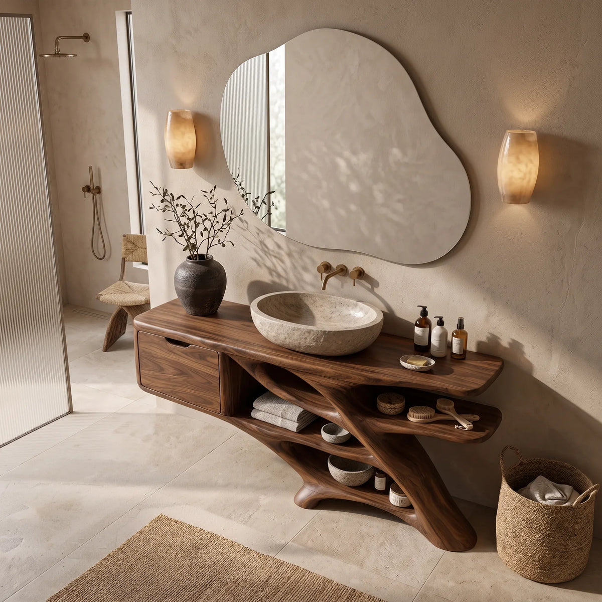 Sculptural Bathroom Vanity Branch Shelving With Cabinet For Designer Homes