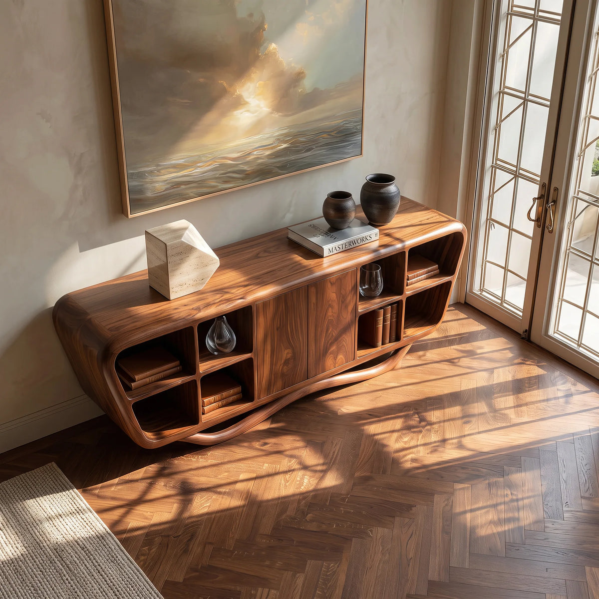 Contemporary Curved Open Shelf Sideboard For Entryway