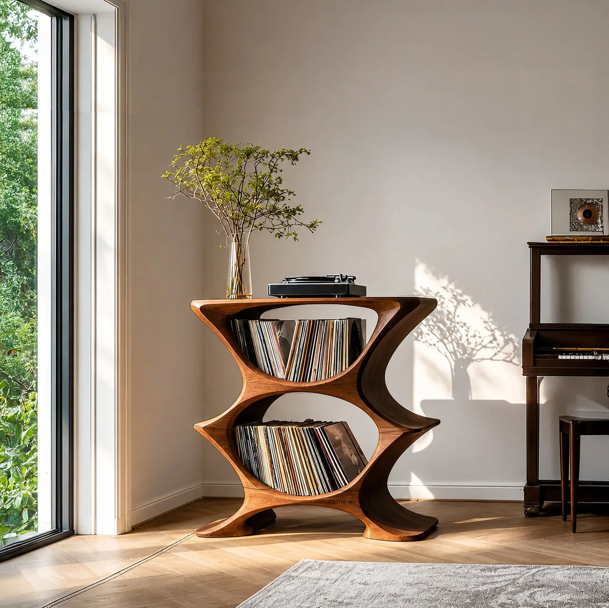 Contemporary Record Player Cabinet With 2-Tier Shelf For Living Room