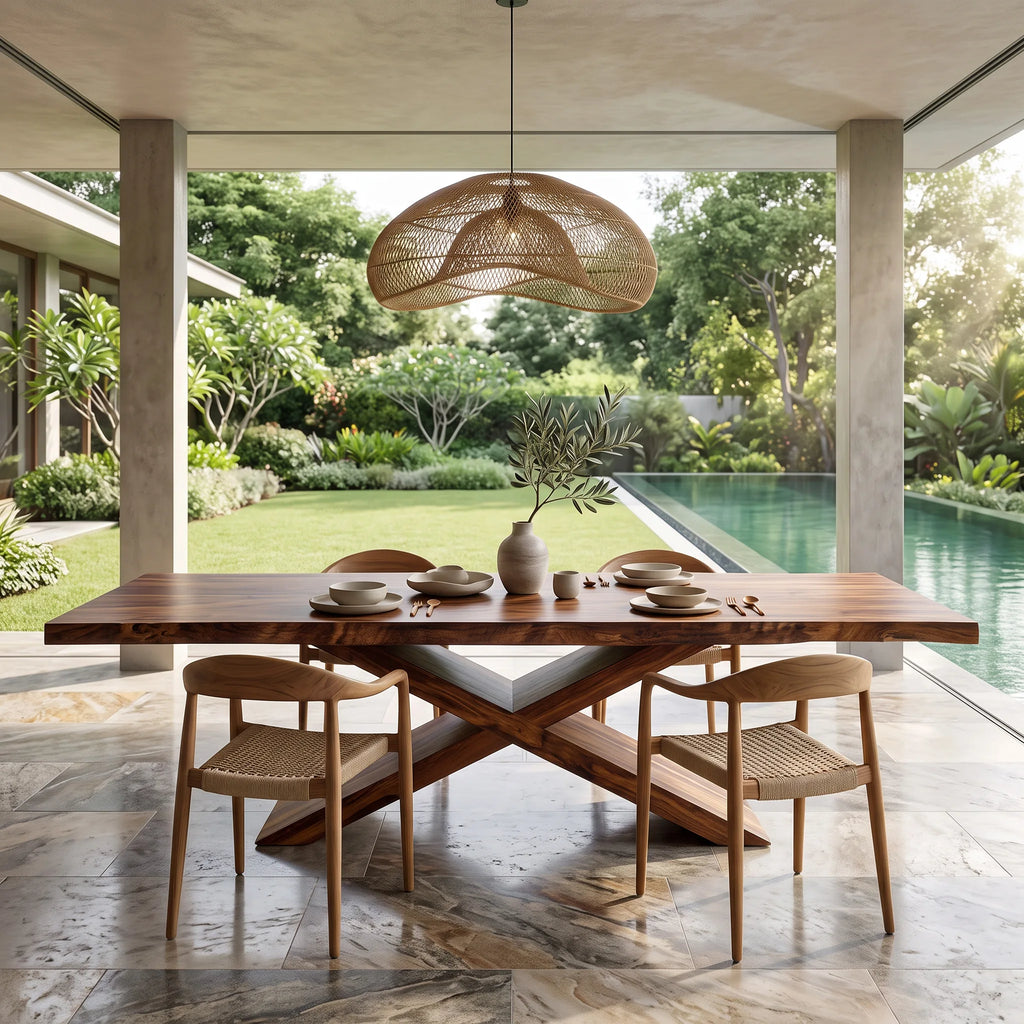 Contemporary Natural Wood Dining Table Geometric Base For Dining Room